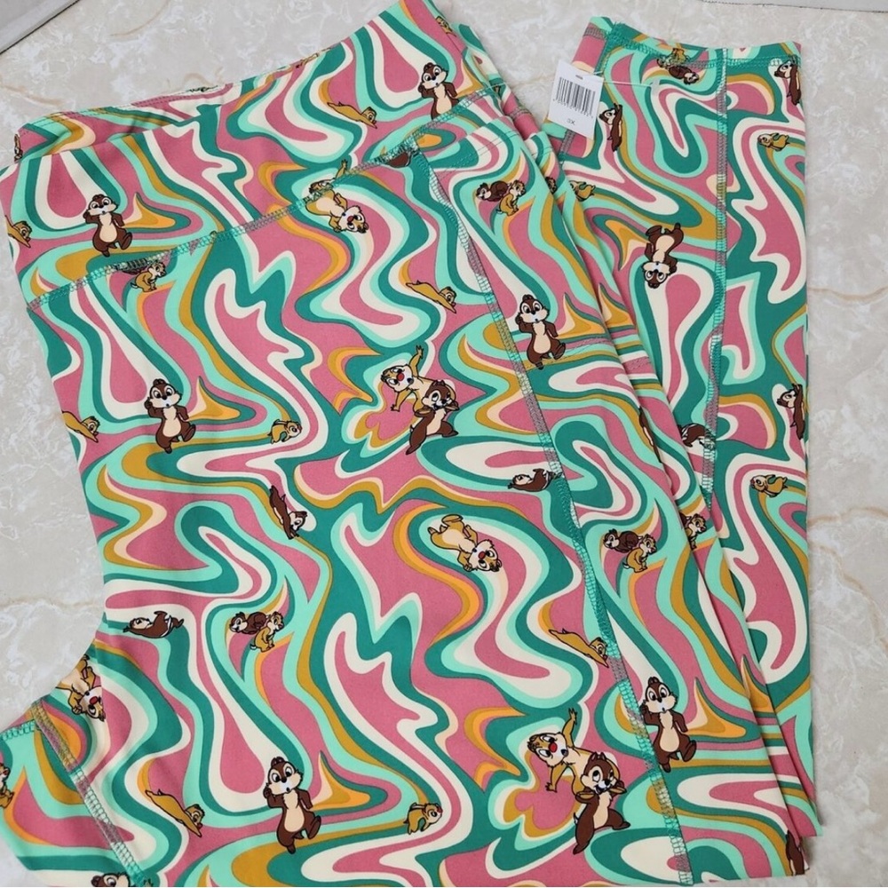 2023  Chip N’ Dale Disney ParksPink and Green Leggings Psychedelic Wave Pattern